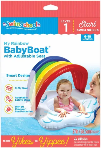 Vista 4 de SwimSchool Rainbow Baby First - Flotador de piscina para bebés de 6 a 18 meses, barco para bebé con asiento ajustable, arcoíris
