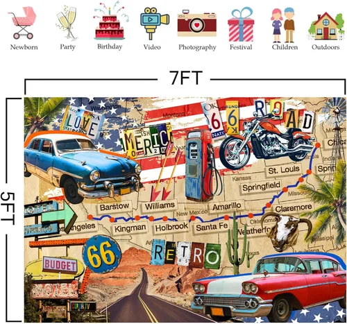 Vista 2 de HANYING Telón de fondo vintage de ruta 66, motocicleta clásica para automóvil, estación de servicio, mapa de ruta, fotografía, fondo retro, fiesta