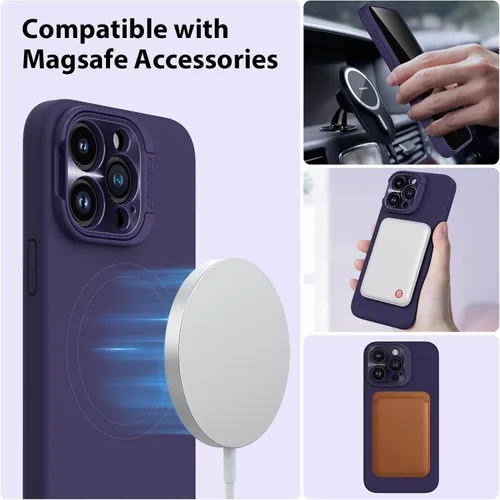 Vista 3 de Nillkin Funda magnética para iPhone 15 Pro Max, silicona líquida compatible con MagSafe, soporte de anillo de cámara integrado, funda magnética