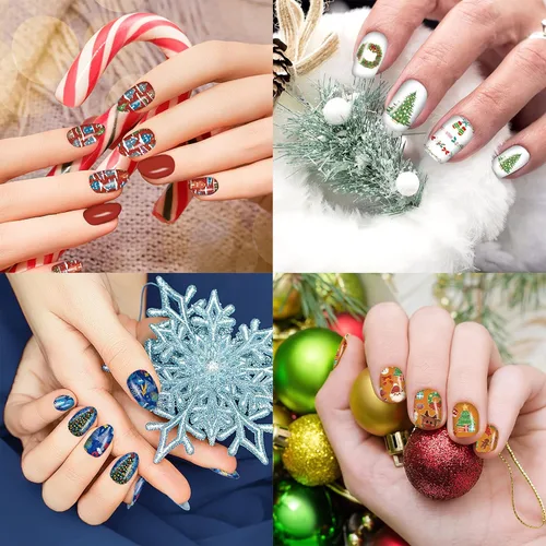 Vista 6 de 12 hojas de calcomanías de Navidad para uñas, tiras de esmalte de uñas, autoadhesivas, diseño de Papá Noel, árbol de Navidad, copo de nieve con 2