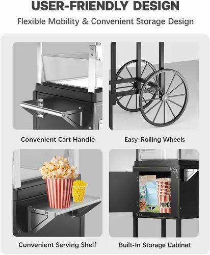 Vista 8 de Máquina de palomitas de maíz de 8 onzas con carro, máquina para hacer maíz con ruedas y hervidor de acero inoxidable que hace hasta 32 tazas