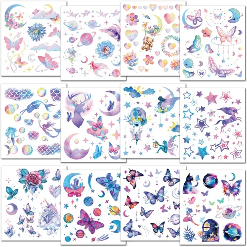 Vista 2 de CHARLENT 110 estilos de tatuajes temporales con purpurina para niñas y mujeres – 12 hojas de purpurina de ensueño mariposa luna hada sirena tatuajes