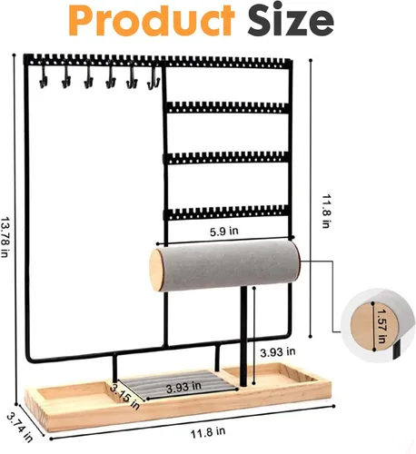 Vista 6 de Barelove Soporte organizador de joyas, estante de metal de 5 niveles para aretes con pantalla de 108 agujeros, 12 ganchos para collares, torre