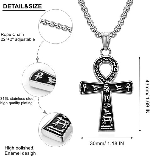 Vista 4 de Collar con colgante de cruz de Ankh copto egipcio antiguo de acero inoxidable para niños, mujeres y hombres, en cadena Rolo de 22 a 24 pulgadas