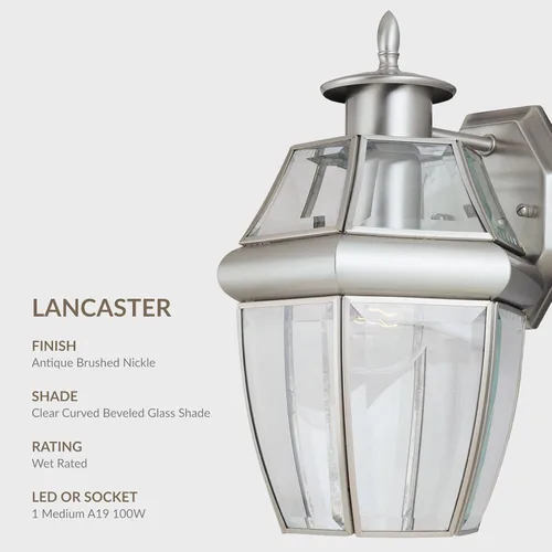 Vista 5 de Generation Lighting 8038-965 Lancaster Traditional One - Farol de pared para exteriores, acabado de níquel cepillado antiguo, 1 luz, listado cETL