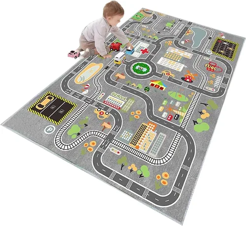 Vista 10 de Alfombra de juego para niños para autos de juguete, alfombra educativa de tráfico por carretera, alfombra de diviértete , alfombra antideslizante