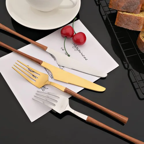 Vista 7 de JASHII Juego de cubiertos con mango de madera, juego de cubiertos de acero inoxidable de 20 piezas, pulido con espejo, juego de cucharas y tenedores