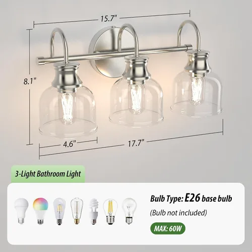 Vista 2 de Lámpara de tocador de baño de 3 luces, níquel cepillado, tradicional, clásica, con vidrio transparente, accesorios de iluminación de baño sobre