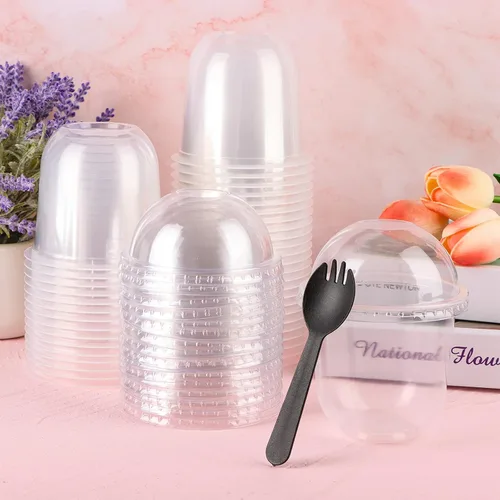 Vista 4 de Vasos de plástico calientes/fríos con tapas de cúpula sin agujero, 50 juegos de vasos de postre de plástico para helado, postre, sopa, parfait