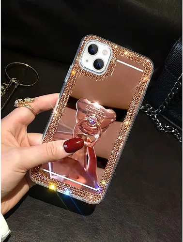 Vista 3 de LUVI Compatible con iPhone 15 Plus Mirror Bling Case con anillo, bonito soporte de diamantes de imitación con purpurina, agarre para los dedos