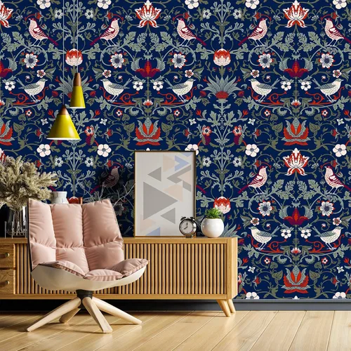 Vista 2 de VEELIKE Papel tapiz floral vintage de damasco azul marino, 17.7 x 118 pulgadas, papel tapiz autoadhesivo extraíble, papel de contacto azul