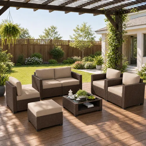 Vista 12 de Juego de 7 muebles de patio al aire libre, sofá seccional al aire libre, muebles de mimbre para patio, juego de conversación de patio con mesa