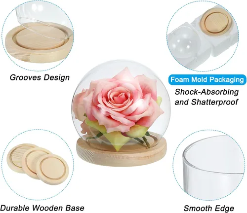 Vista 3 de PATIKIL Cúpula de cristal transparente Cloche de 4 pulgadas, vitrina de cristal con forma de globo, centro de mesa con base de madera natural