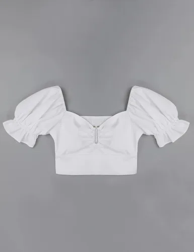 Vista 6 de BMJL Linda blusa corta para mujer, de manga abombada, fruncida, a la moda