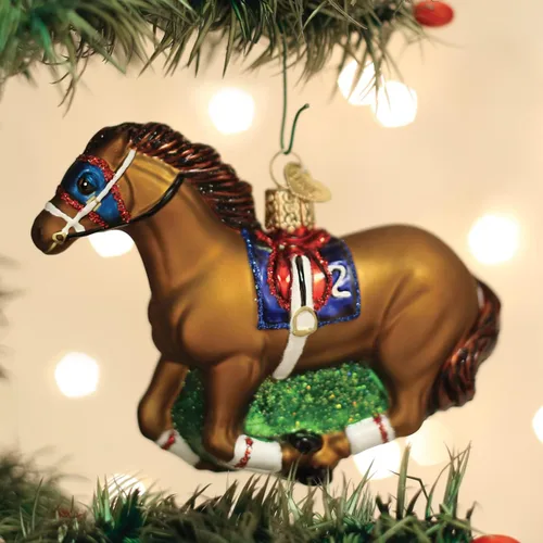 Vista 5 de Old World Christmas Adorno de cristal soplado de caballo de carreras para árbol de Navidad, decoración navideña artesanal, colección de caballos