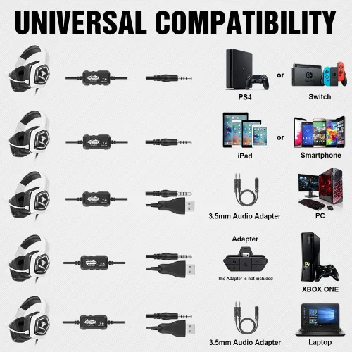 Vista 5 de BENGOO G9700 - Auriculares para juegos para PS4, PS5, Xbox One, control de PC, cancelación de ruido con micrófono, luz LED blanca, sonido envolvente