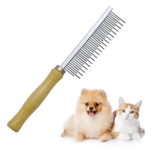 Vista 7 de Peine de aseo con mango de madera para perros, gatos y mascotas (doble cara)