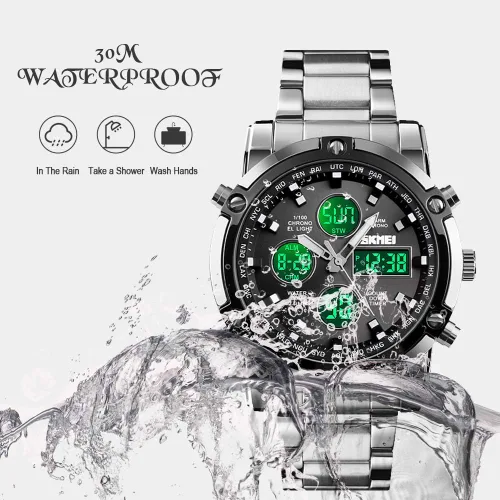 Vista 4 de SKMEI Mens Wrist Watch, Waterproof Military Analog Digital Watches with LED Multi Time Chronograph, Stainless Steel Business Watches for Men