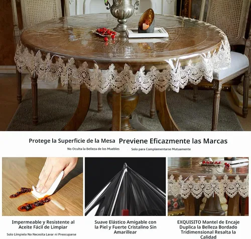 Vista 5 de SUTAVIA - Mantel de TPU transparente 100% impermeable con encaje, protector de mesa PVC a prueba de aceite y derrames, mantel transparente oblongo