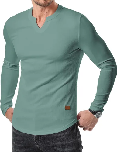 Vista 23 de JMIERR Camisetas de manga larga para hombre, estilo casual, cuello en V Negro+Blanco