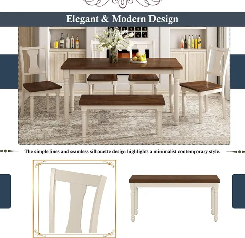 Vista 5 de LUMISOL Juego de mesa de comedor de 6 piezas con banco, juego de mesa de cocina rectangular de granja para comedor, mesa de comedor y juego de 4