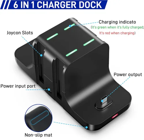 Vista 4 de RHOTALL Cargador de controlador de interruptor para Nintendo Switch, OLED, Lite, 6 en 1 Joycon y estación de carga Pro Controller, soporte de carga