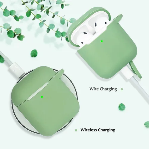 Vista 4 de Funda compatible con AirPods, funda protectora de silicona suave con llavero de pulsera, compatible con Apple AirPods de 2ª generación de 1ª Verde