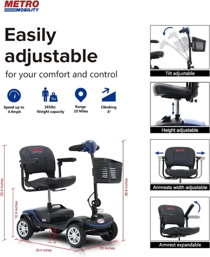 Vista 2 de Scooter eléctrico de movilidad de 4 ruedas - Scooter plegable de movilidad con batería para personas mayores, adultos, color azul
