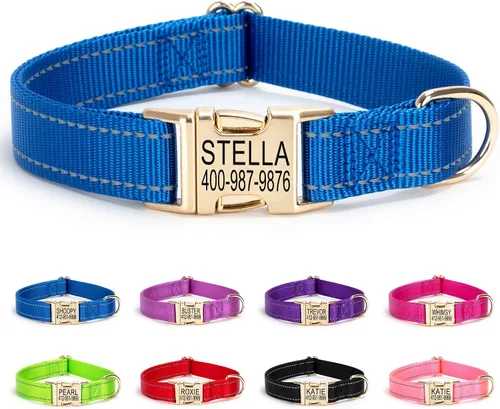 Vista 10 de Collar personalizado para perro con etiqueta de nombre, collar de nailon reflectante para mascotas, collares de perro con hebilla dorada grabada