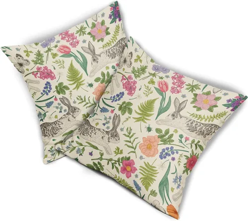 Vista 8 de Juego de 2 fundas de almohada de primavera de 16 x 16 pulgadas, diseño de conejo, flores rosas, hojas verdes salvia, plantas botánicas vintage
