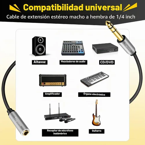 Vista 5 de Cable de extensión de 1/4 de pulgada de 1 pie, conector adaptador estéreo TRS macho a hembra de 0.250 in, cable de extensión de guitarra