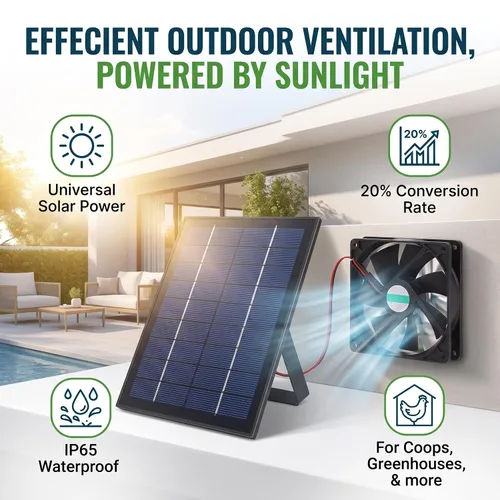 Vista 3 de Kit de ventilador de panel solar, ventilador de escape de 20 W para cocinas, invernaderos, casas de mascotas, gallineros, remolques, material ABS