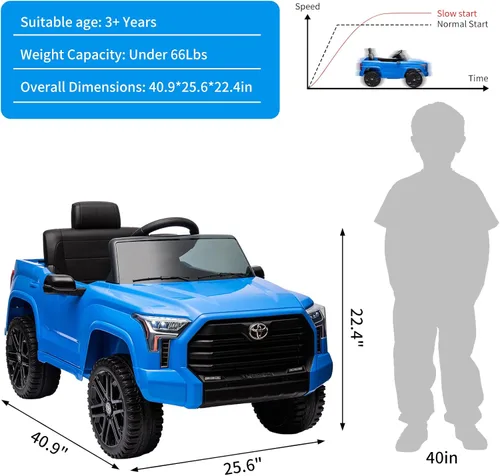 Vista 4 de Auto de paseo de 12 V para niños, camión Toyota con licencia, automóvil eléctrico a batería con música, luces LED, sistema de suspensión, puertas