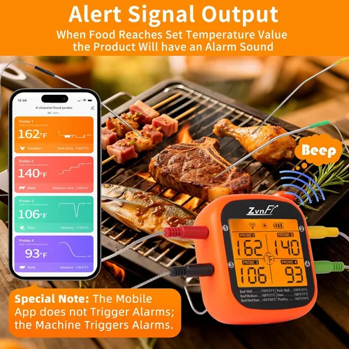Vista 2 de Termómetro digital inalámbrico de lectura instantánea para alimentos y carne, con pantalla LCD y 4 sondas de acero inoxidable, termómetro