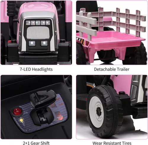 Vista 4 de Tractor eléctrico Nasitip de 12 V con remolque y control remoto Rosa