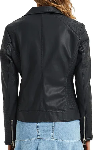 Vista 4 de Geschallino Chaqueta de piel sintética para mujer, ropa de primavera y otoño, abrigo de motociclista de moda