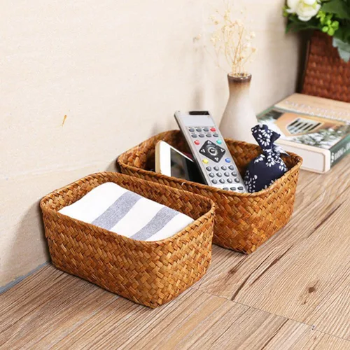 Vista 8 de Cestas de almacenamiento de pastos marinos para decoración del hogar, cesta rectangular de mimbre para almacenamiento de aperitivos, cestas tejidas