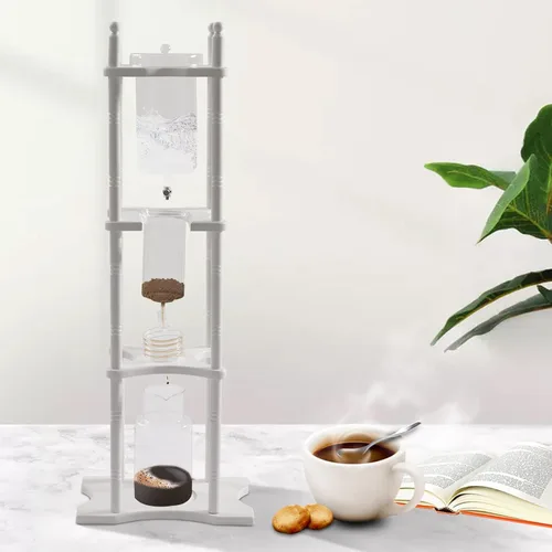 Vista 2 de Cafetera de goteo de hielo, 84.54 onzas, cafetera retro para el hogar, con recipiente de vidrio vertical japonés y soporte de madera, cafetera