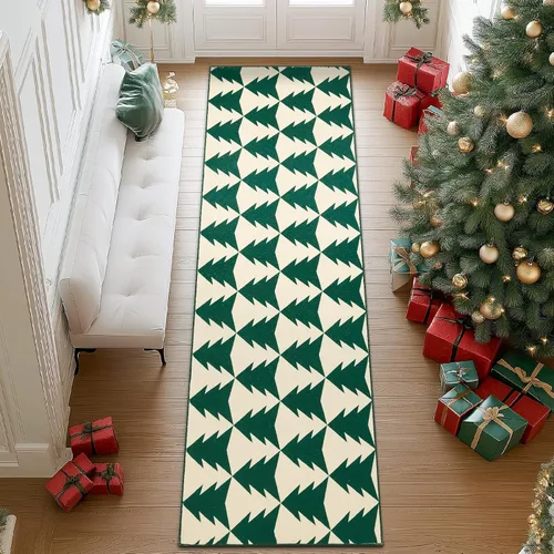 Vista 13 de COLLACT Alfombra de pasillo de Navidad de 2 x 10 pies, color verde sobre crema, alfombra de camino de árbol de Navidad, alfombra lavable, alfombra