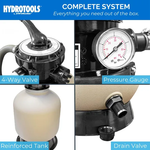 Vista 6 de HYDROTOOLS Bombas de filtro de arena y cartucho para piscinas sobre el suelo Sistemas de limpieza de 12-16 pulgadas y 8-40 SF Opciones de bomba