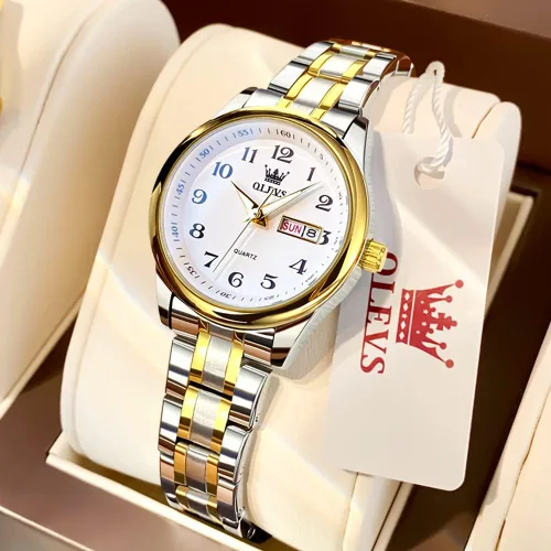 Vista 2 de OLEVS Relojes para mujer oro plateado acero inoxidable impermeables analógicos grandes fáciles de leer y fecha