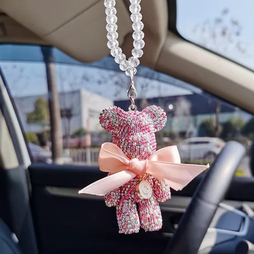 Vista 7 de Bonitos accesorios colgantes para espejo retrovisor de oso con brillantes, ornamentos colgantes brillantes, dijes de oso con diamantes para espejo