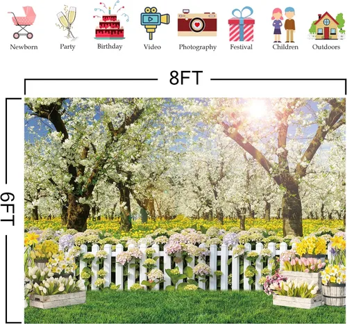 Vista 6 de Telón de fondo de primavera de poliéster de 8 x 6 pies, paisaje natural, árbol de bosque, fondo de fotografía para niños, cumpleaños, boda, baby