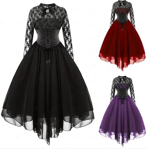 Vista 4 de Black Gothic Dress for Women, Gothic Dress for Women Long Sleeves with Corset Halter Swing Cocktail Dress