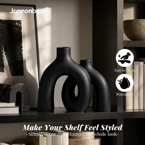 Vista 3 de Juego de jarrones negros mate – Jarrones estéticos de cerámica Hug Hollow Donut para decoración del hogar, moderno jarrón decorativo nórdico