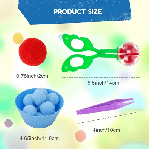 Vista 3 de 170 piezas de relleno sensorial de habilidades motoras finas que incluyen 12 cuencos de clasificación, 150 pompones, 6 pinzas, 2 tijeras para niños