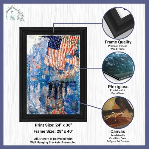 Vista 2 de Childe Hassam Lost Cabin The USA Flag Avenue in the Rain Marco biselado negro de lienzo Reproducción de pintura de obras de arte finas Póster
