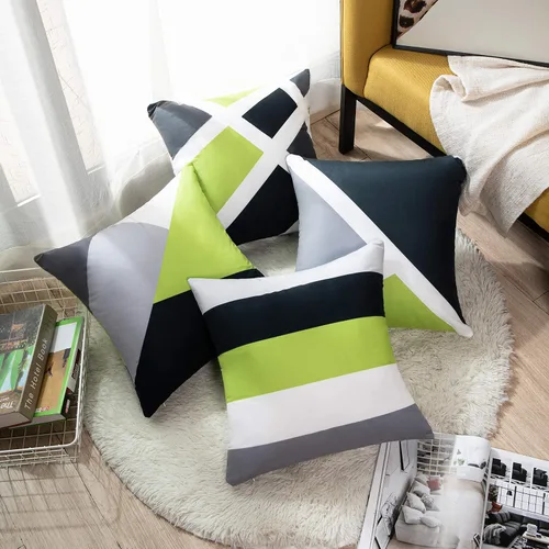 Vista 3 de Emvency Juego de 4 fundas de almohada, 18 x 18 pulgadas, rayas abstractas Gris y Verde