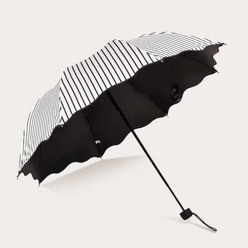 Vista 3 de URAWESO Sombrilla a rayas con protección UV para viajes, playa, compacto, plegable, para caminar (blanco)