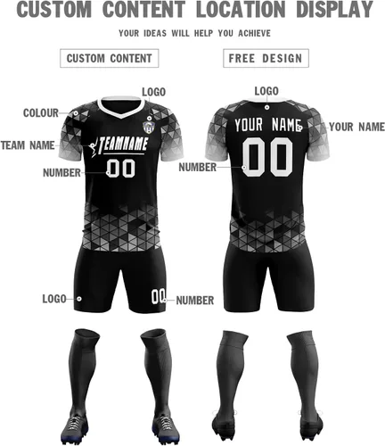 Vista 4 de Camiseta de fútbol personalizada, uniforme, unisex, juvenil, equipo deportivo con pantalones cortos, número de nombre impreso